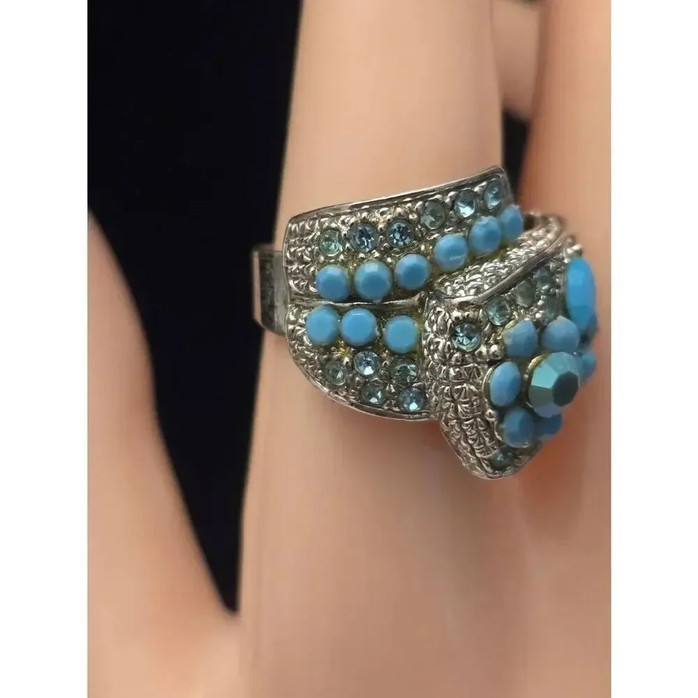 Women's Vintage Size 8.5 Blue Rhinestone & Beaded Adjustable Silver Tone Ring